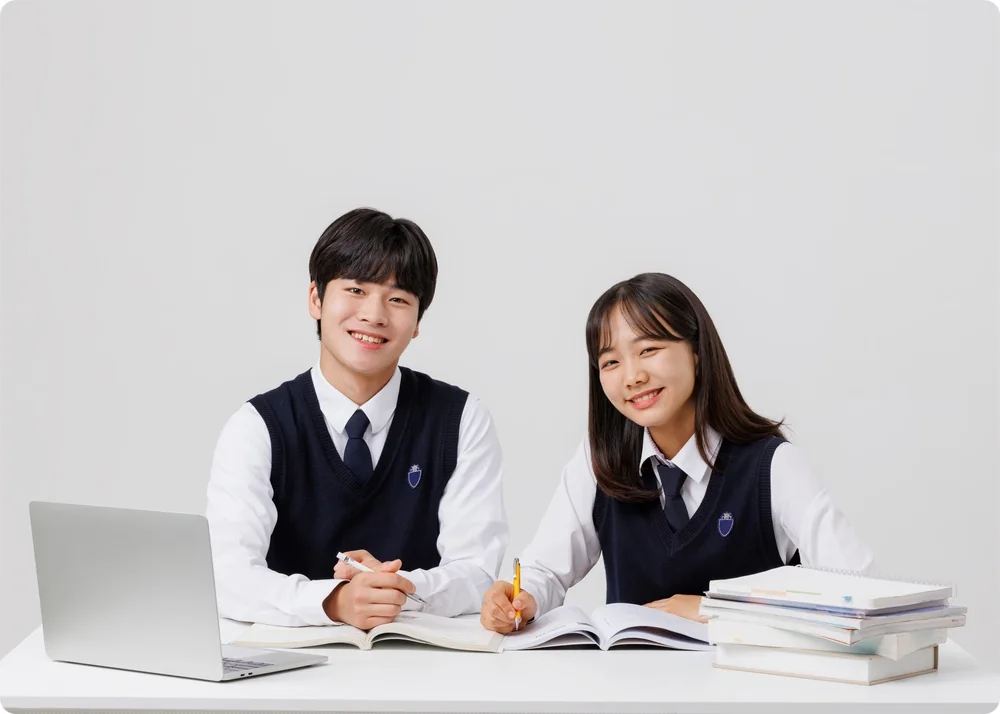 노트북과 책을 두고 함께 앉은 두 학생