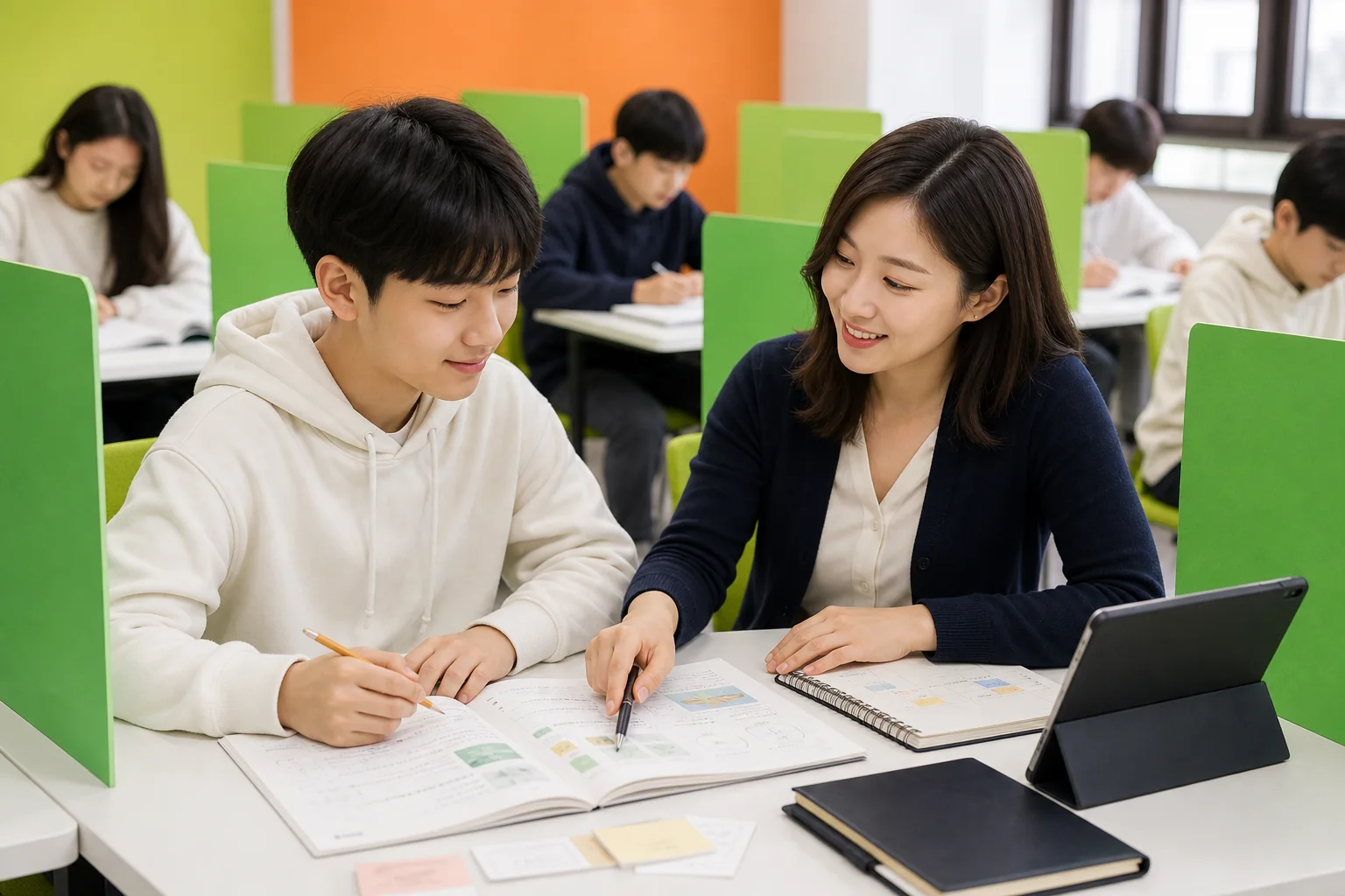 학생의 교재를 보며 풀이 과정을 함께 점검하는 학습코칭 연출 이미지