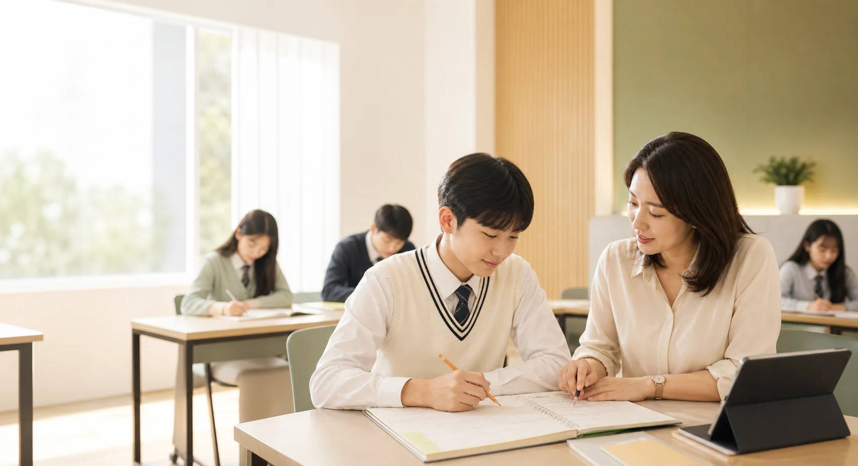 학생과 선생님이 문제 풀이를 함께 살펴보는 학습코칭 연출 이미지